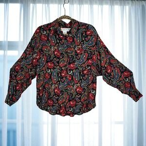 VTG 80s Chaus Blouse Woman 12 Paisley Floral Print Long‎ Sleeve Button Up